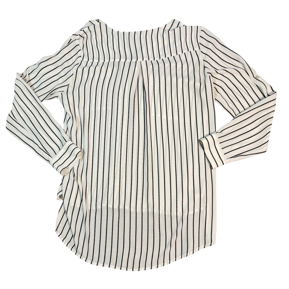 H&M Striped Blouse Womens Size 10 White Black V-Neck Roll Tab Sleeve Button Down - Picture 12 of 14